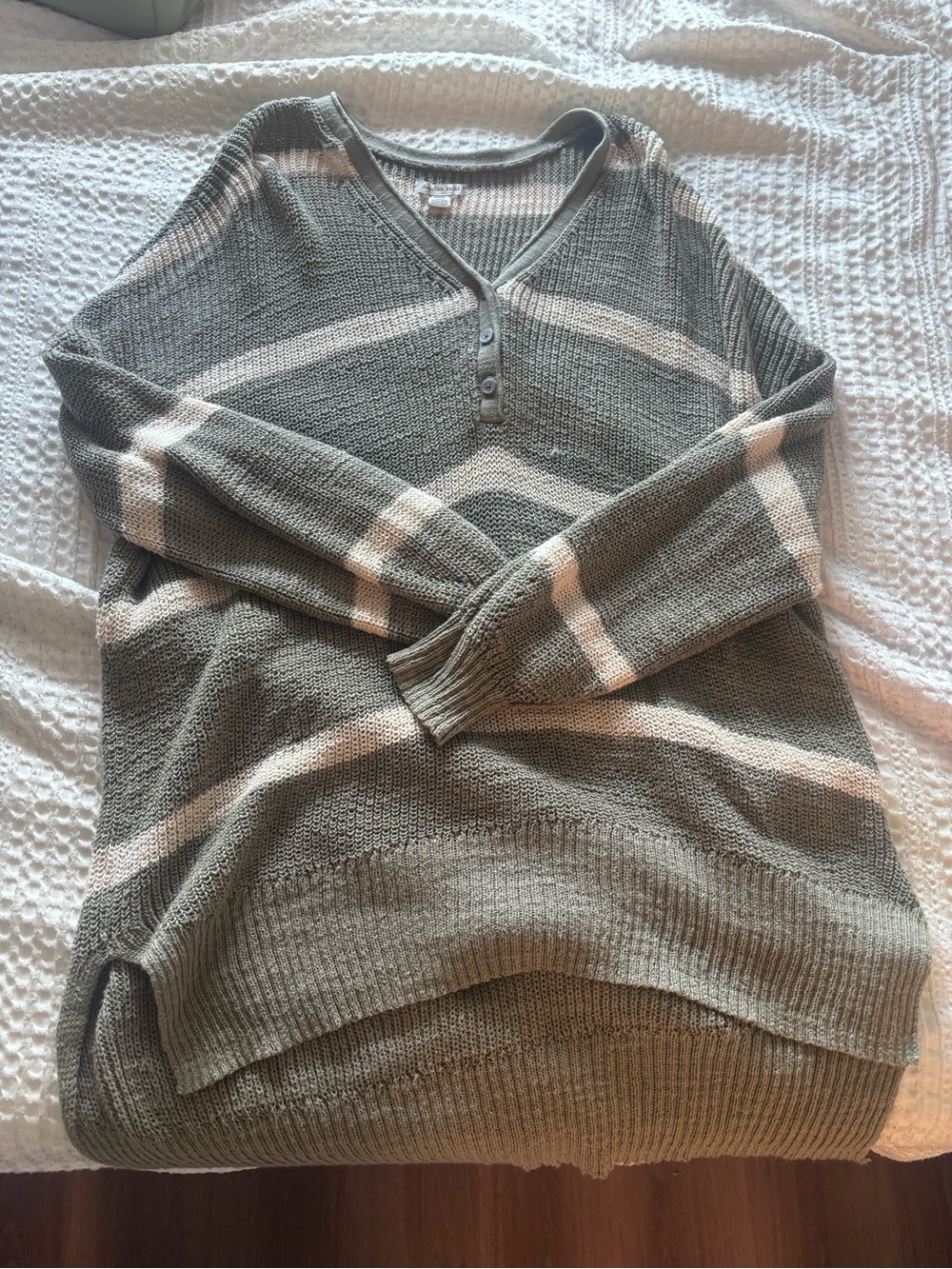 American Eagle Outfitters Olive Green V-Neck Sweater with Cream Stripes
